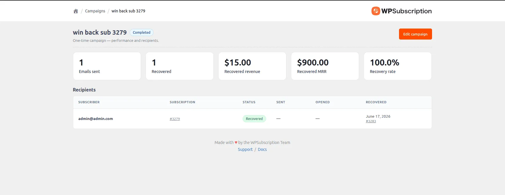Campaign detail page showing emails sent, recovered count, recovered revenue, recovered MRR, recovery rate and individual recipient recovery status
