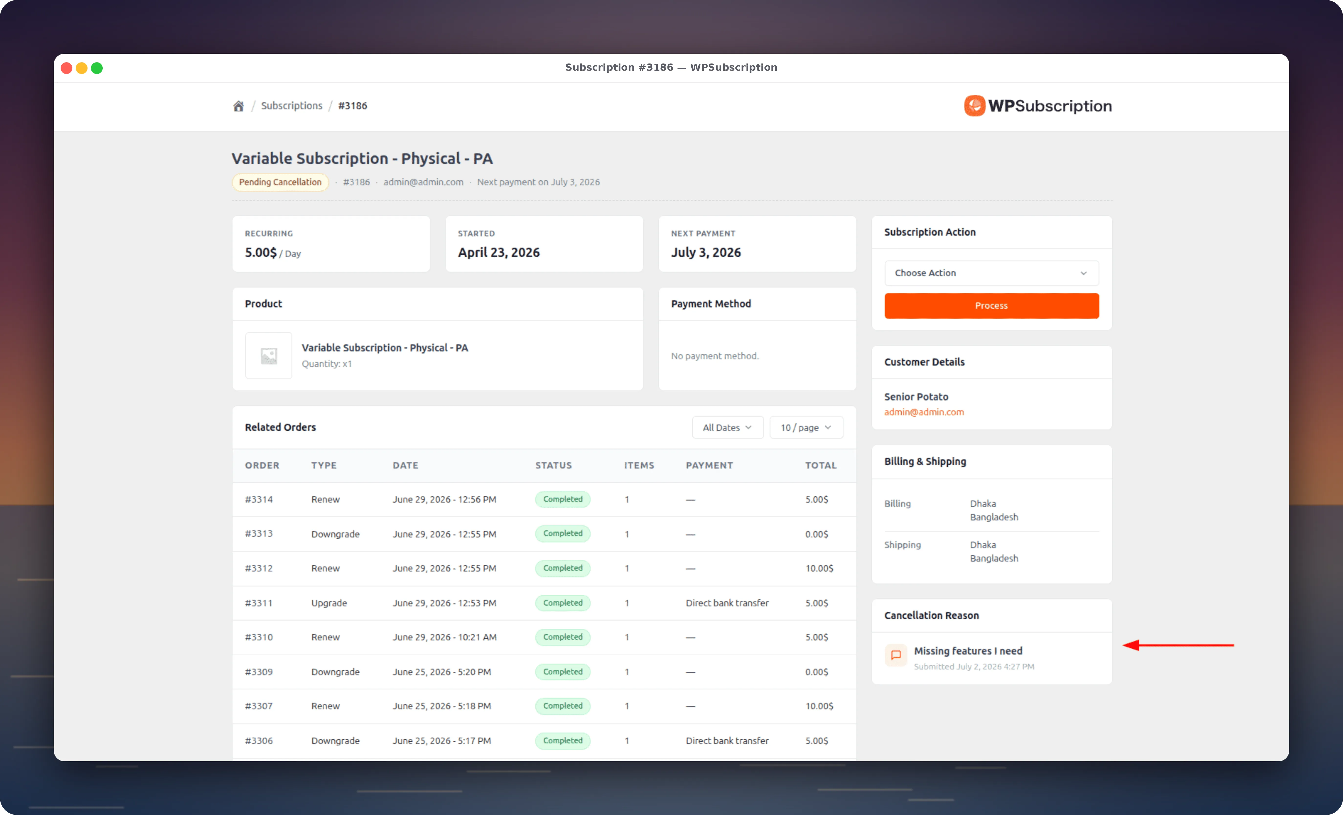 Subscription cancellation dashboard