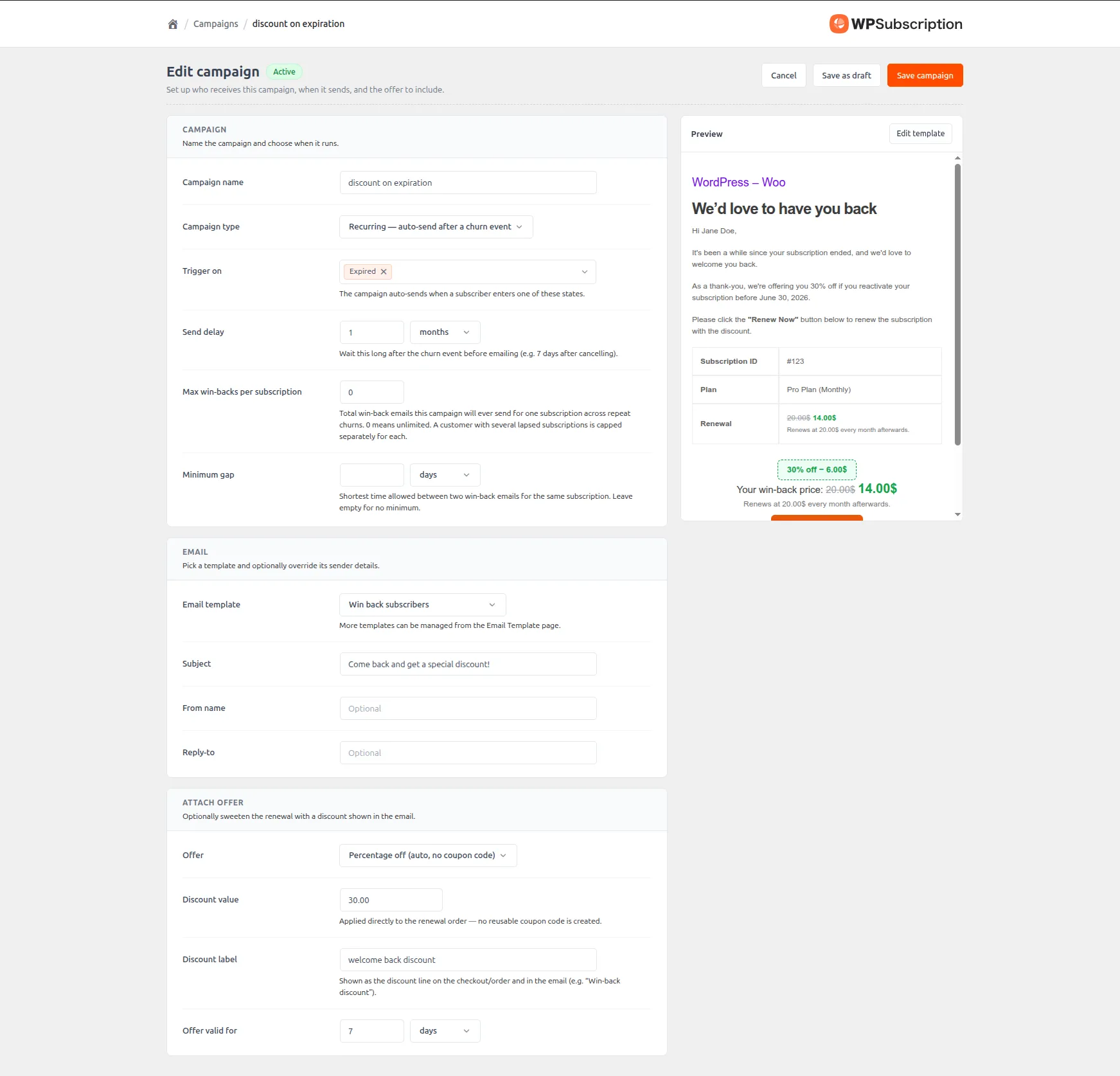 Creating a recovery campaign — campaign name, type, trigger, send delay, discount and email template settings
