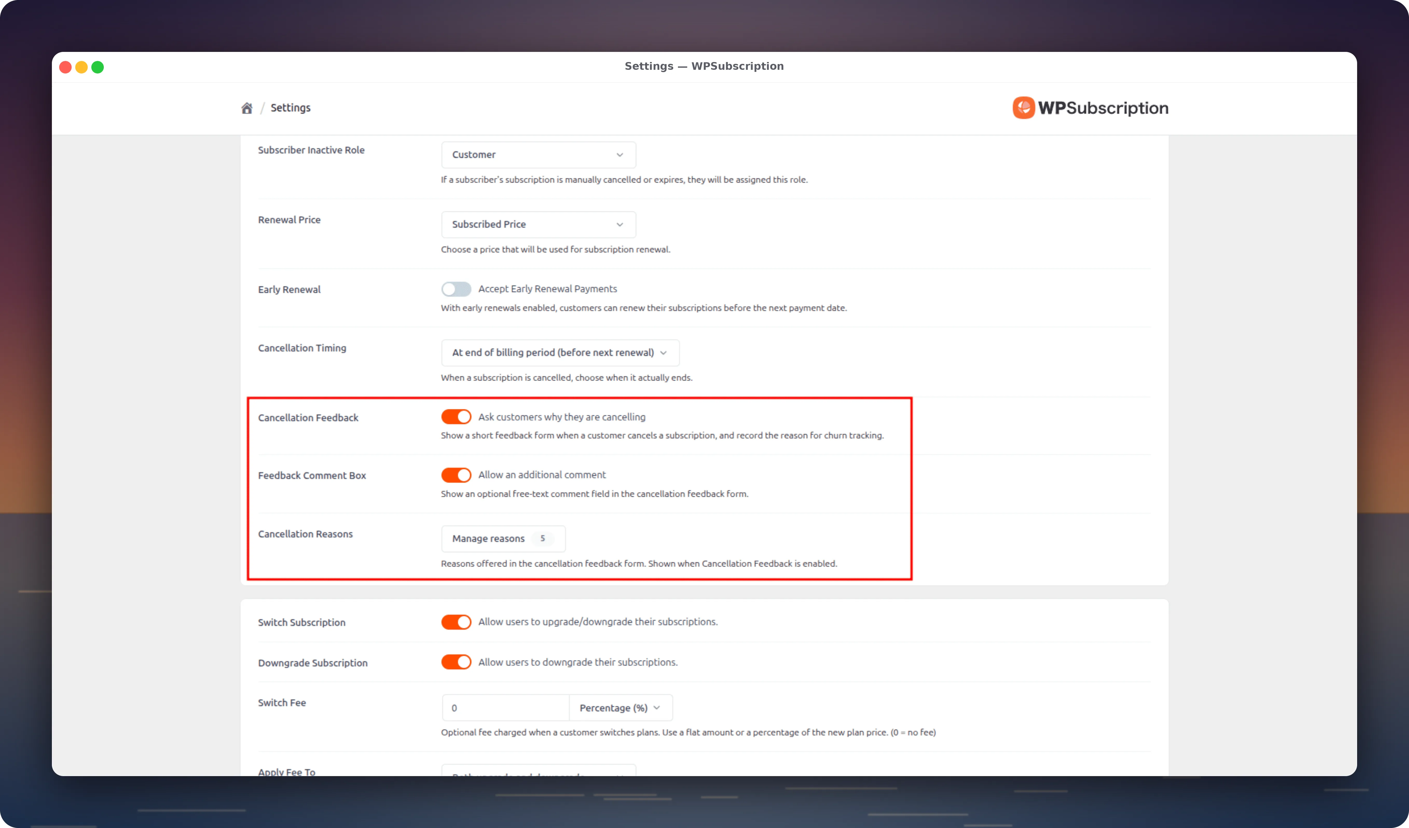Subscription settings