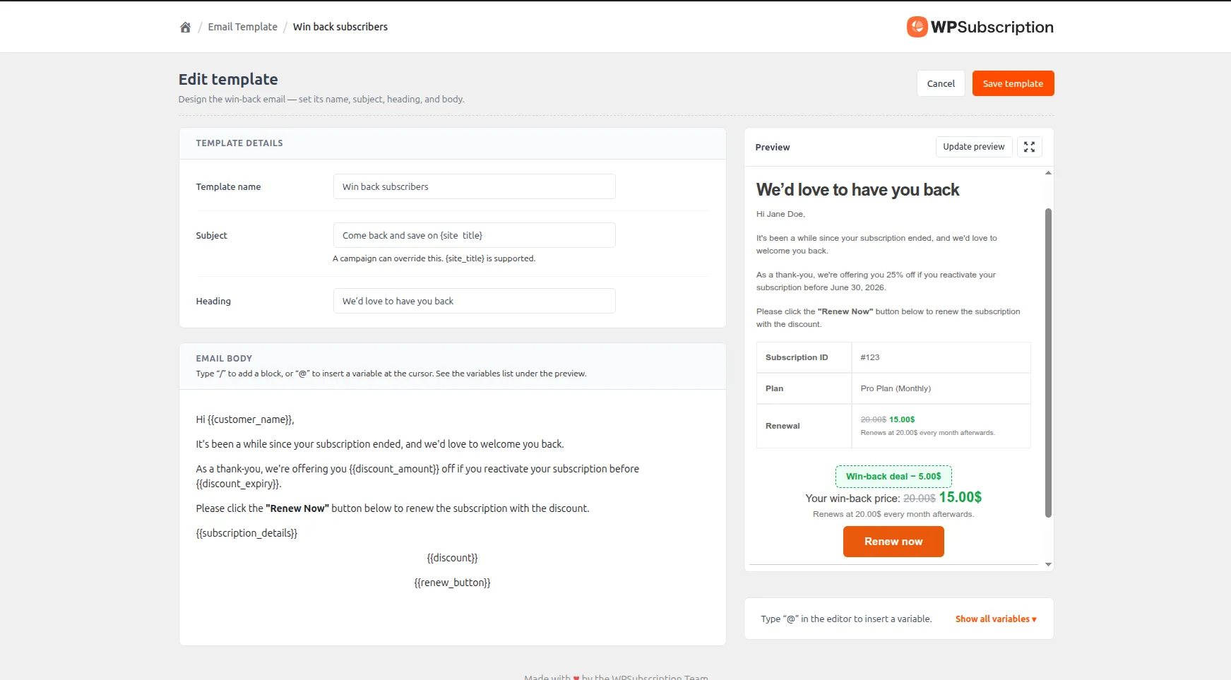 Email template editor showing template name, subject, heading, body with variable placeholders and a live preview panel on the right