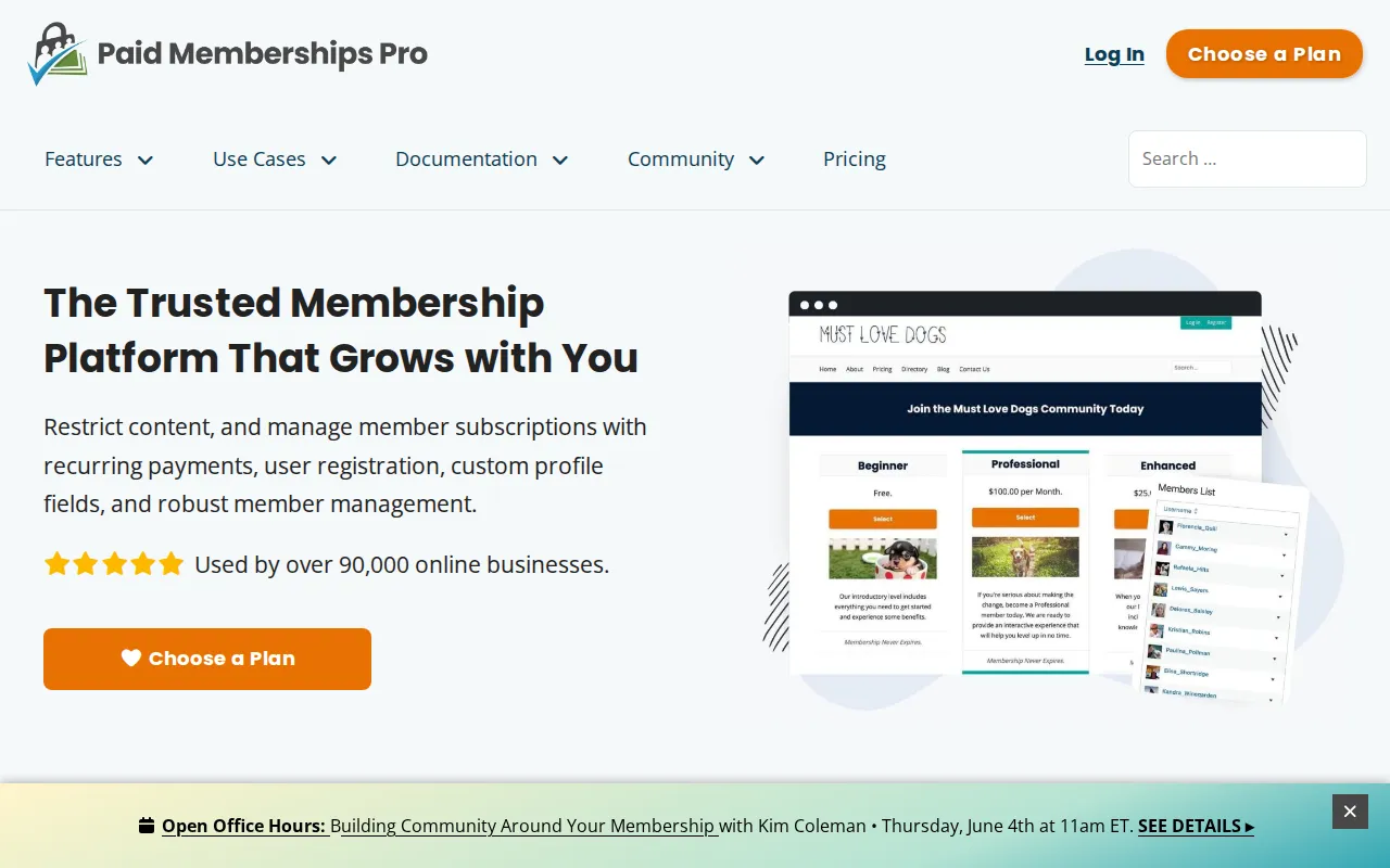 Paid Memberships Pro homepage screenshot