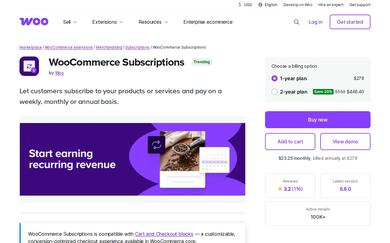 WooCommerce Subscriptions homepage screenshot